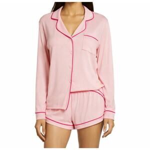 Eberjey Pink Pajama Set Hot Pink Trim Button Up Top Shorts Size S